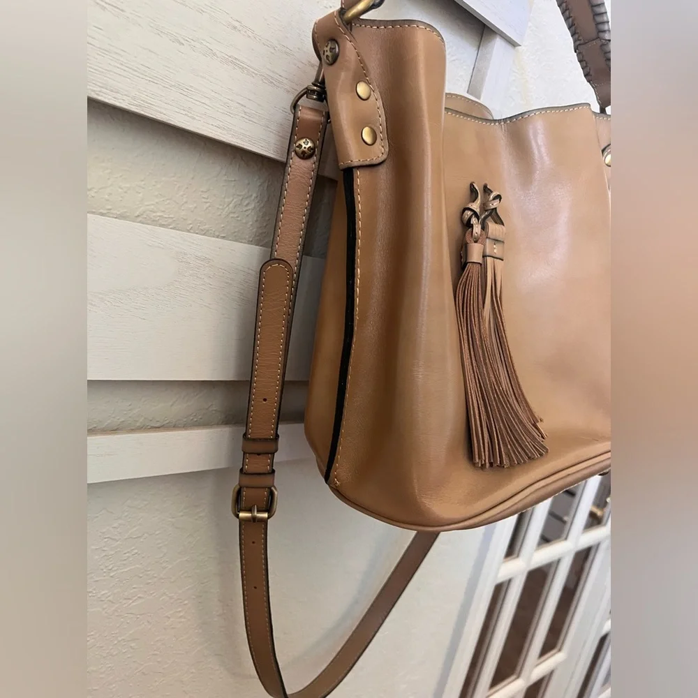 Patricia Nash Tan Leather Shoulder Bag with Tassels